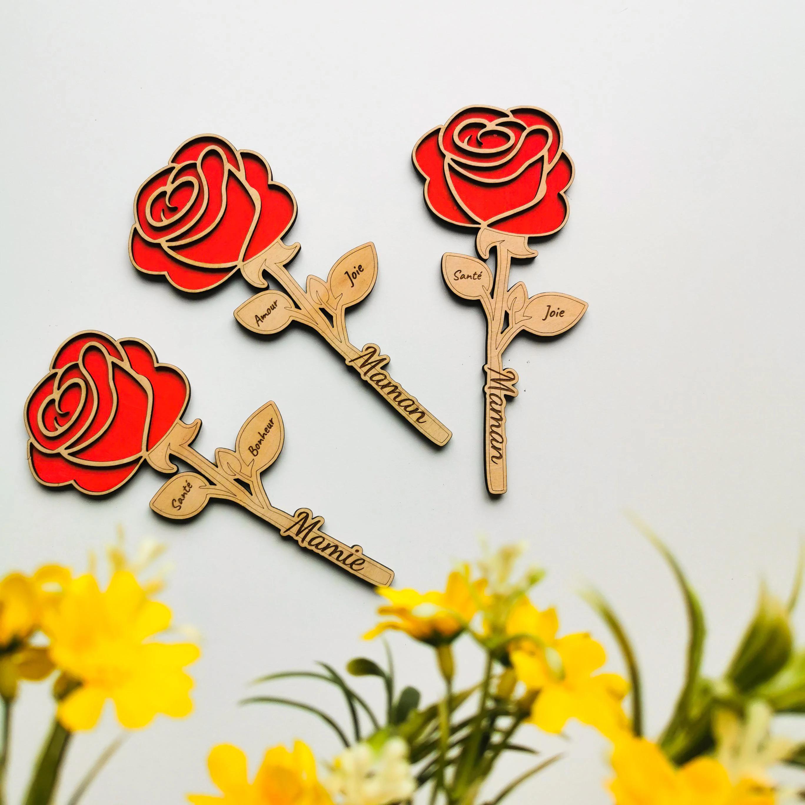 Fleur en bois personnalisée rose pour fête de mères - cadeau pour remercier nounou maîtresse ATSEM mamie maman