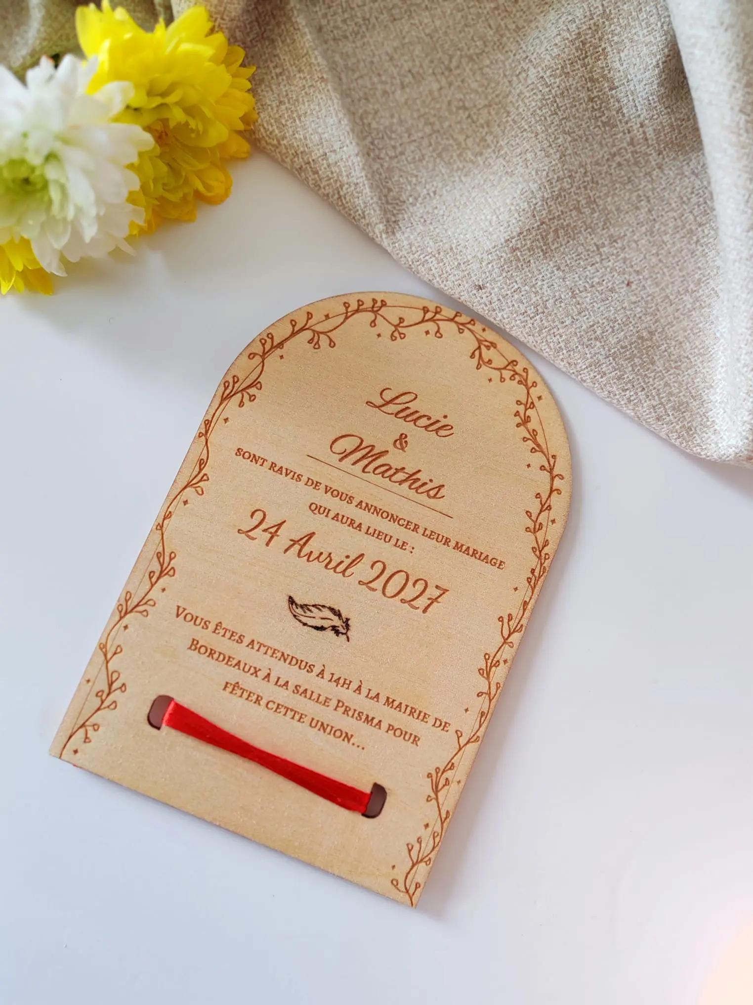 Faire part mariage bois personnalisé invitation mariage bohème gravée prénoms et date