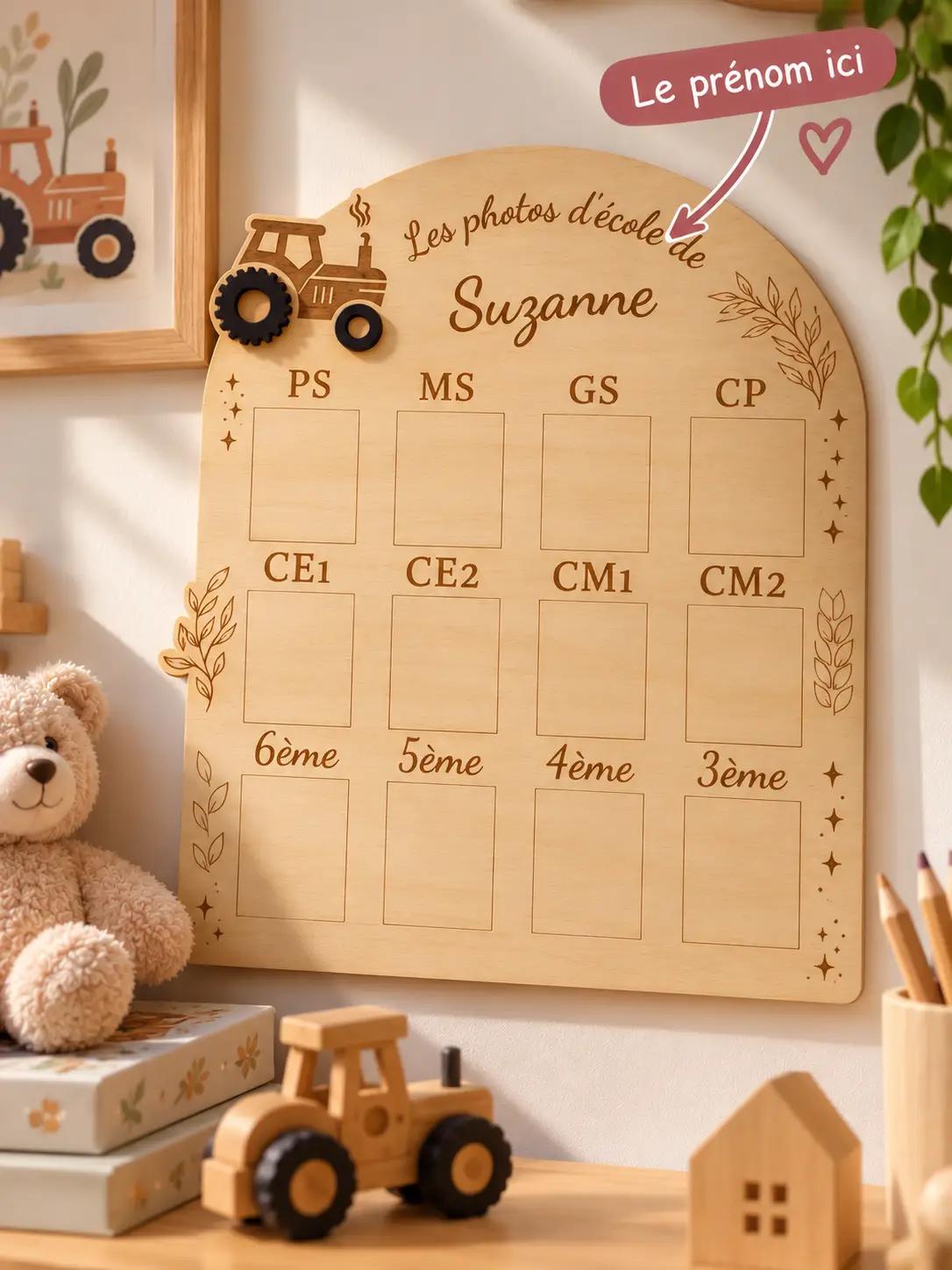 Pancarte Photos de Classe Maternelle & Primaire en Bois – Tracteur